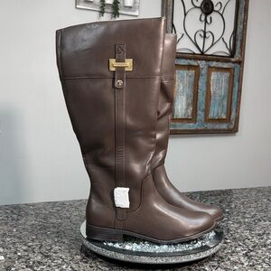 Karen Scott Chocolate Brown Leather riding boot gold accents NWT 12 wide calf